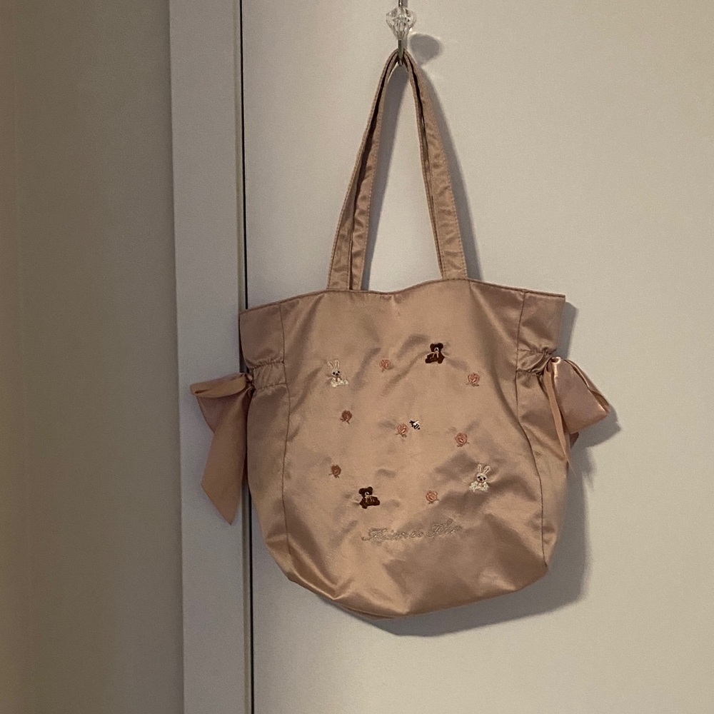 Embroidered Pink Satin Tote Bag with Side Bows
